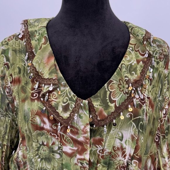 Vtg Bay Studio Green Floral Blouse L Sequins Lace Fairy Goblin Core‎ Peter Pan - Picture 6 of 8